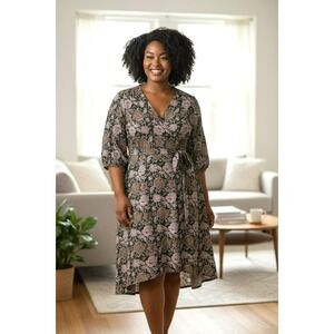 Gilli Green Floral Boho Chic Faux Wrap Dress Size 3X Belt Office Stretch Hi Low